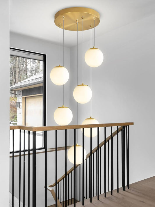 H 87in Globe Pendant Light 6-Lights Modern Hanging Chandelier for Kitchen Island Mid Century Globe Chandelier Milk White Glass Pendant Lighting for Living Room Bedroom Entryway