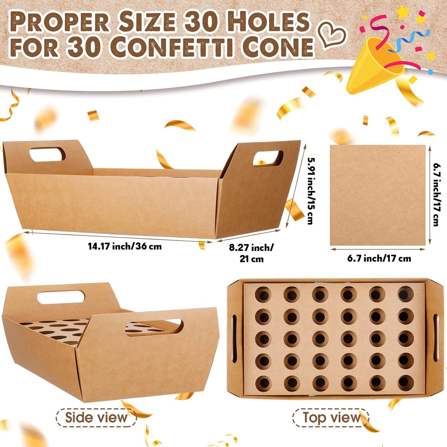 6 Set Wedding Confetti Cone Holder Box Each Includes 30 Pieces of Cone Papers and 30 Holes for 30 Confetti Cones Box Party Confetti Cone Kraft Stand Tray Box for Wedding Party Candy Flower