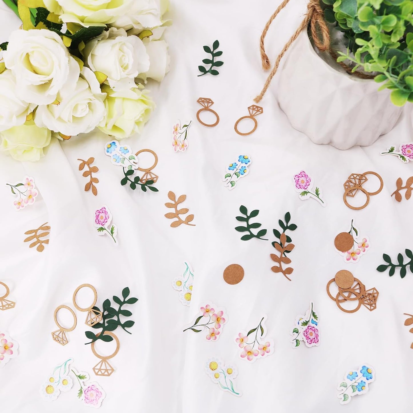 200pcs Flower and Greenery Wedding Confetti for Tables, Rustic Vintage Off The Market Bridal Shower Decor, Sage Green Bachelorette Confetti for Engagement Wedding Shower Decorations.