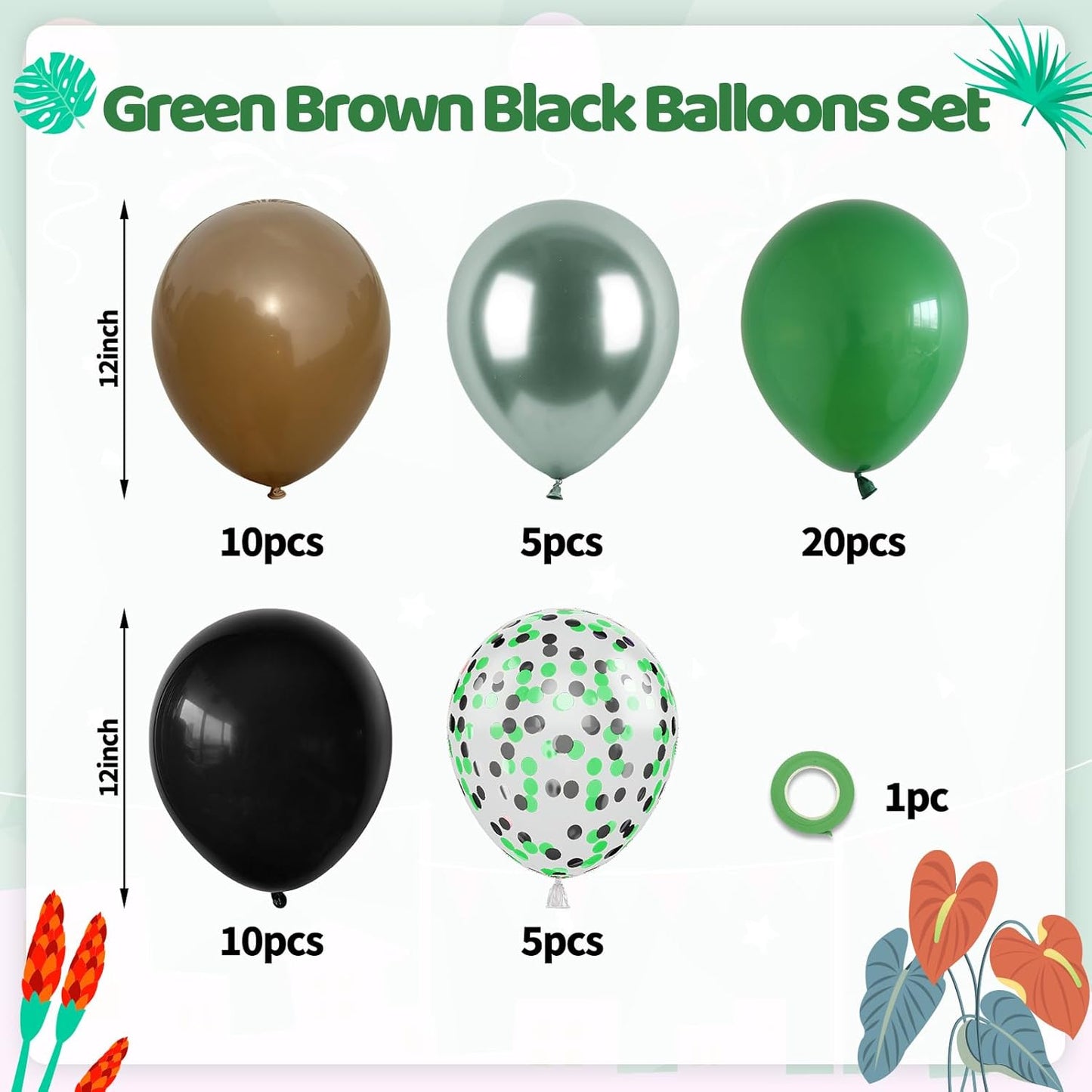 Paready Green and Brown Balloons, 50 Pcs Dark Green Black Confetti Balloon Retro Coffee Metallic Balloons Helium for Boys Camping Game Army Jungle Theme Camo Birthday Baby Shower Party Decorations