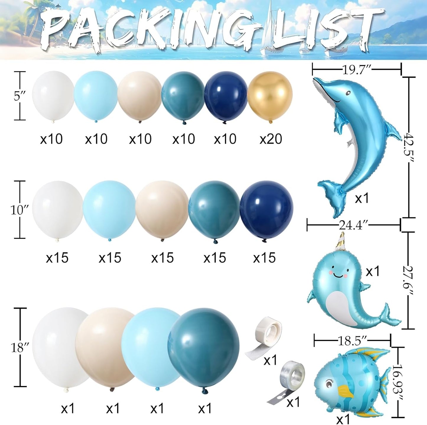 Nautical Balloon Arch Kit,154Pcs Navy Blue Sand White Gold Balloon Garland with Tropical Fish,Whale,Dolphin Foil Balloons for Sea Sailing Nautical Baby Shower Ocean Animals Birthday Party Decorations