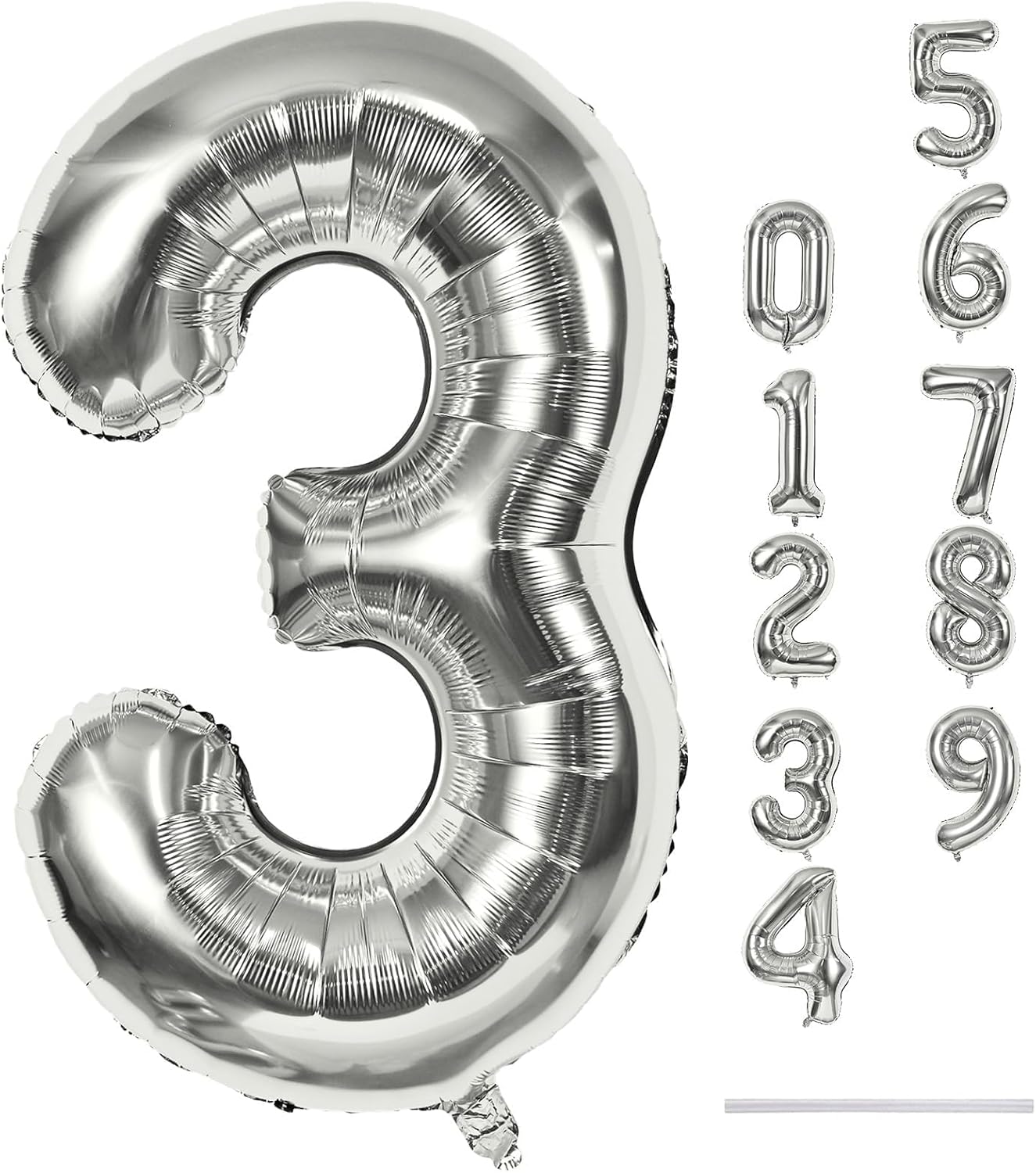 Silver 3 Balloons, 40 Inch Giant Helium Foil Number 0-9 Silver 3rd Birthday Balloon for Boys Girls, Self Inflating Digit 3 Balloons for Women Men Anniversary New Year Party Decorations Supplies