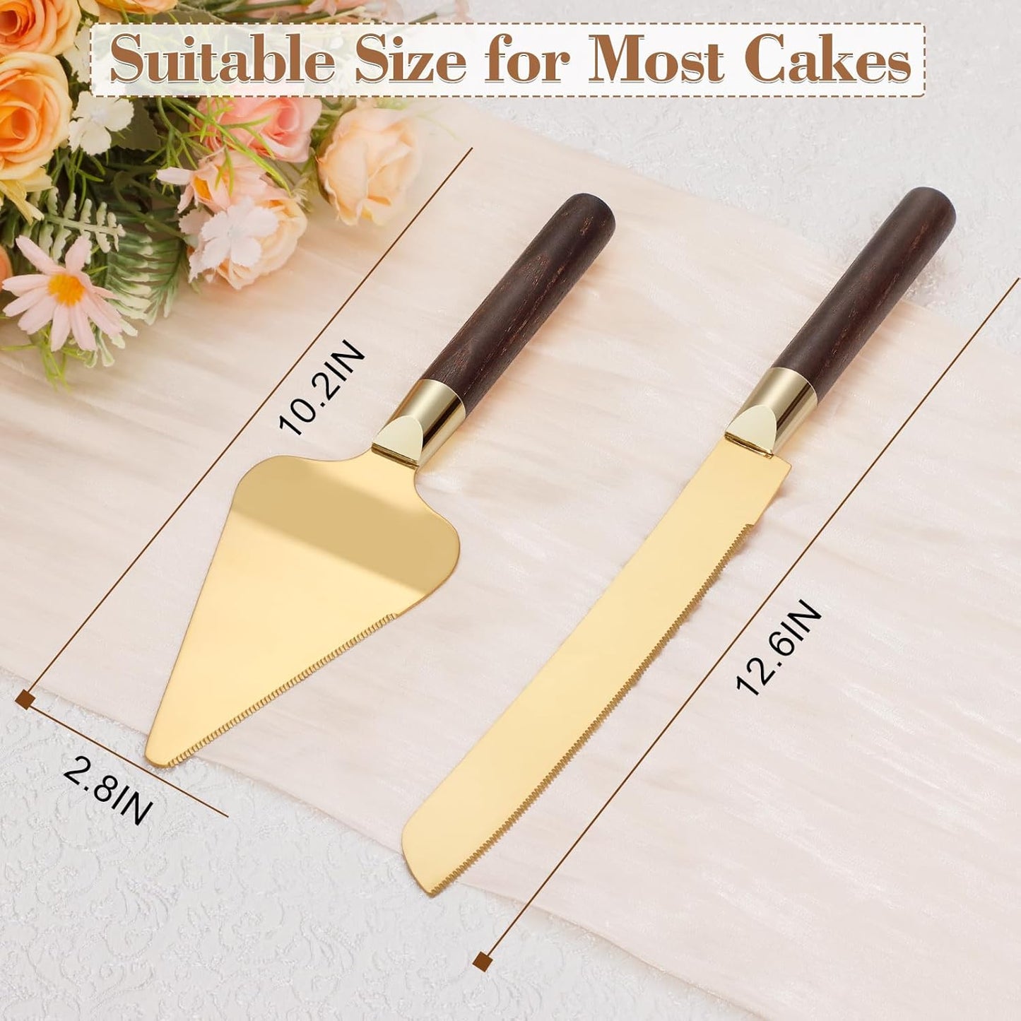 Gold Cake Cutting Set for Wedding, Wood Cake Knife and Server Set, Vintage 2-Piece Pie Cutter Set, Serrated Pizza Dessert Utensils, Bridal Birthday Quinceañera Gift (Walnut color)