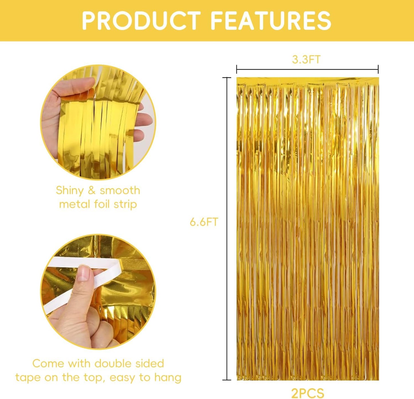 2 Pack Gold Streamers Party Decorations Gold Tinsel Backdrop Supplies Foil Curtain Backdrop for Baby Shower Birthday Bachelorette Wedding Engagement Holiday Celebration Party Decorations