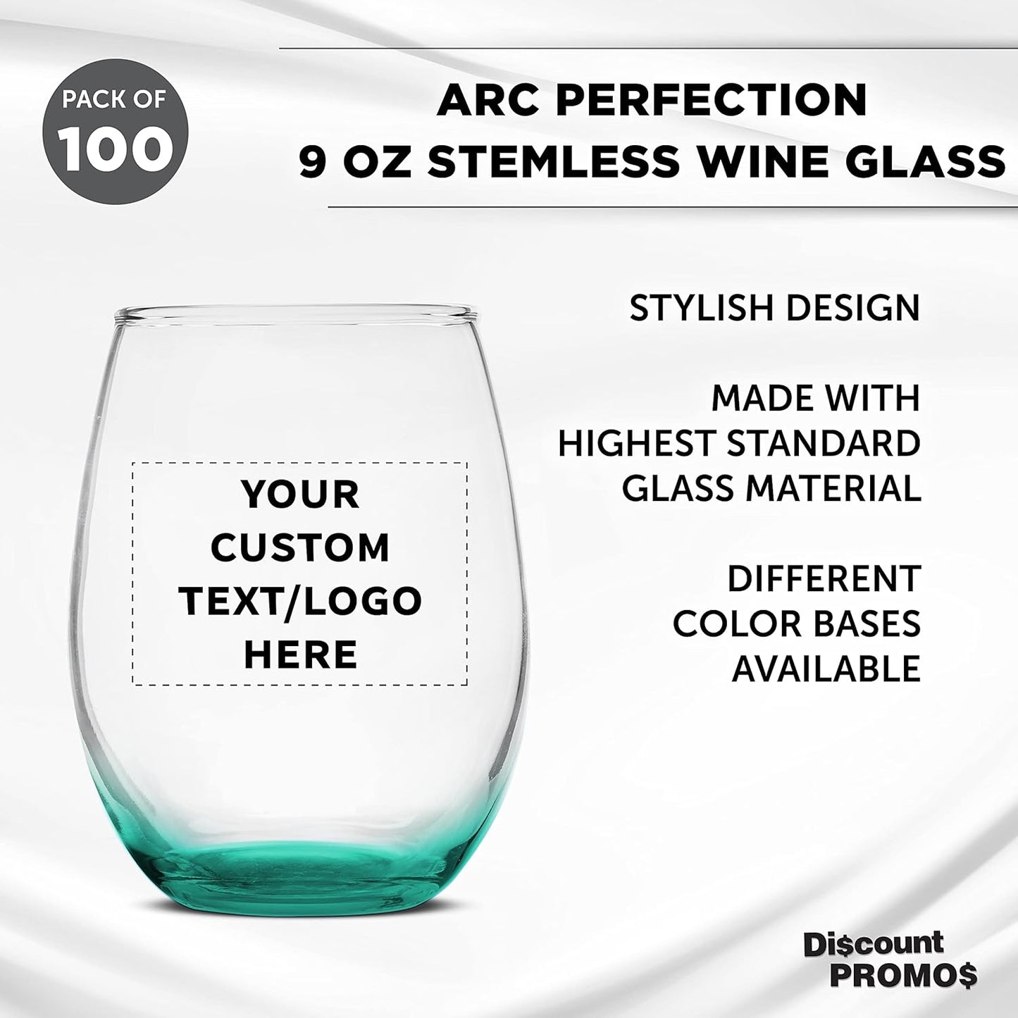 Custom Stemless Wine Glass 9 oz. Set of 100, Personalized Bulk Pack - Great for Wedding Favors, Bachelorette Party Decorations, Party Favors, Color Bottom - Green