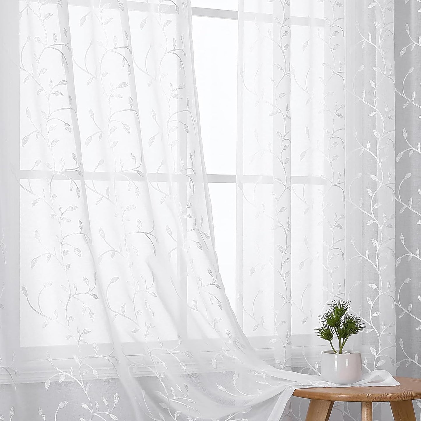 VISIONTEX White Sheer Voile Curtains, Decorative Leaves Embroidery Faux Linen Rod Pocket Window Drapes for Home Kitchen, Living Room and Bedroom 54 x 108 Inch, Set of 2 Curtain Panels