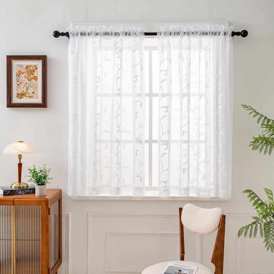 VISIONTEX Sheer Voile Curtains, Decorative White Leaves Embroidery Faux Linen Rod Pocket Window Drapes for Home Kitchen, Living Room and Bedroom 54 x 54 Inch, Set of 2 Curtain Panels
