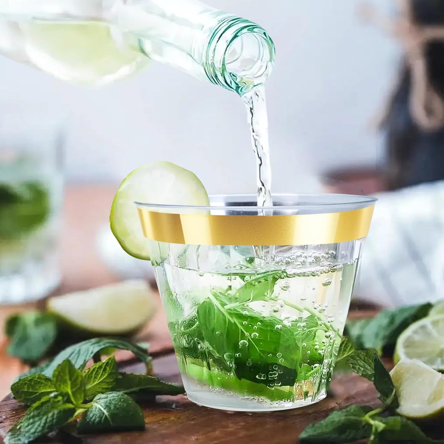 [200 Pack] 9oz Clear Plastic Cups with Gold Rimmed Sturdy & Food Safe Disposable Wine Glasses Party Wedding Cups Disposable Drinking Cups Plastic Cocktail Glasses for Wine, Juice & Cold Beverages