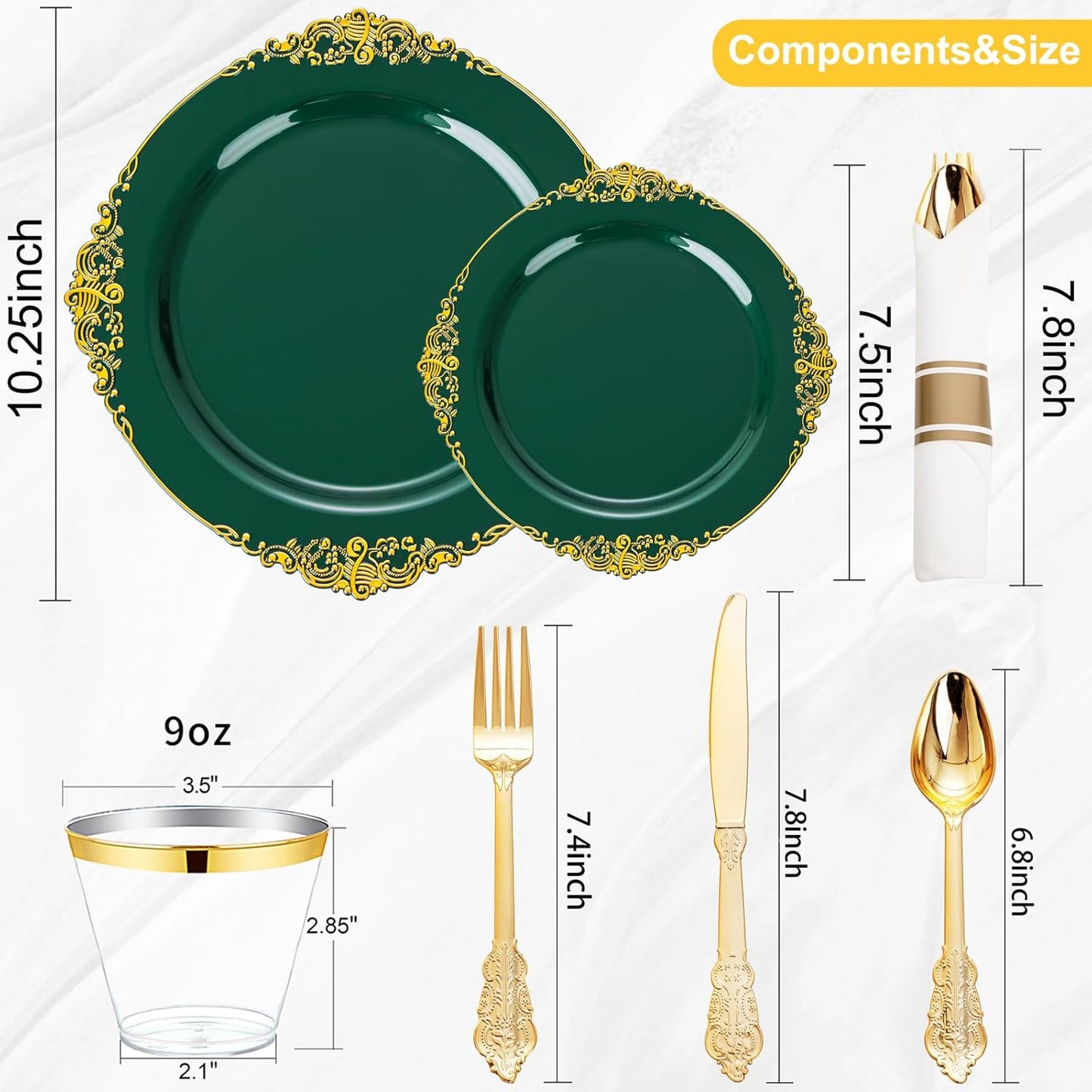 Nervure 350PCS Green Plastic Plates - Green Gold Plastic Dinnerware Sets for 50 Guests - 100 Disposable Plates, 150 Gold Silverware, 50 Cups, 50 Napkins for Wedding & Party & Christmas