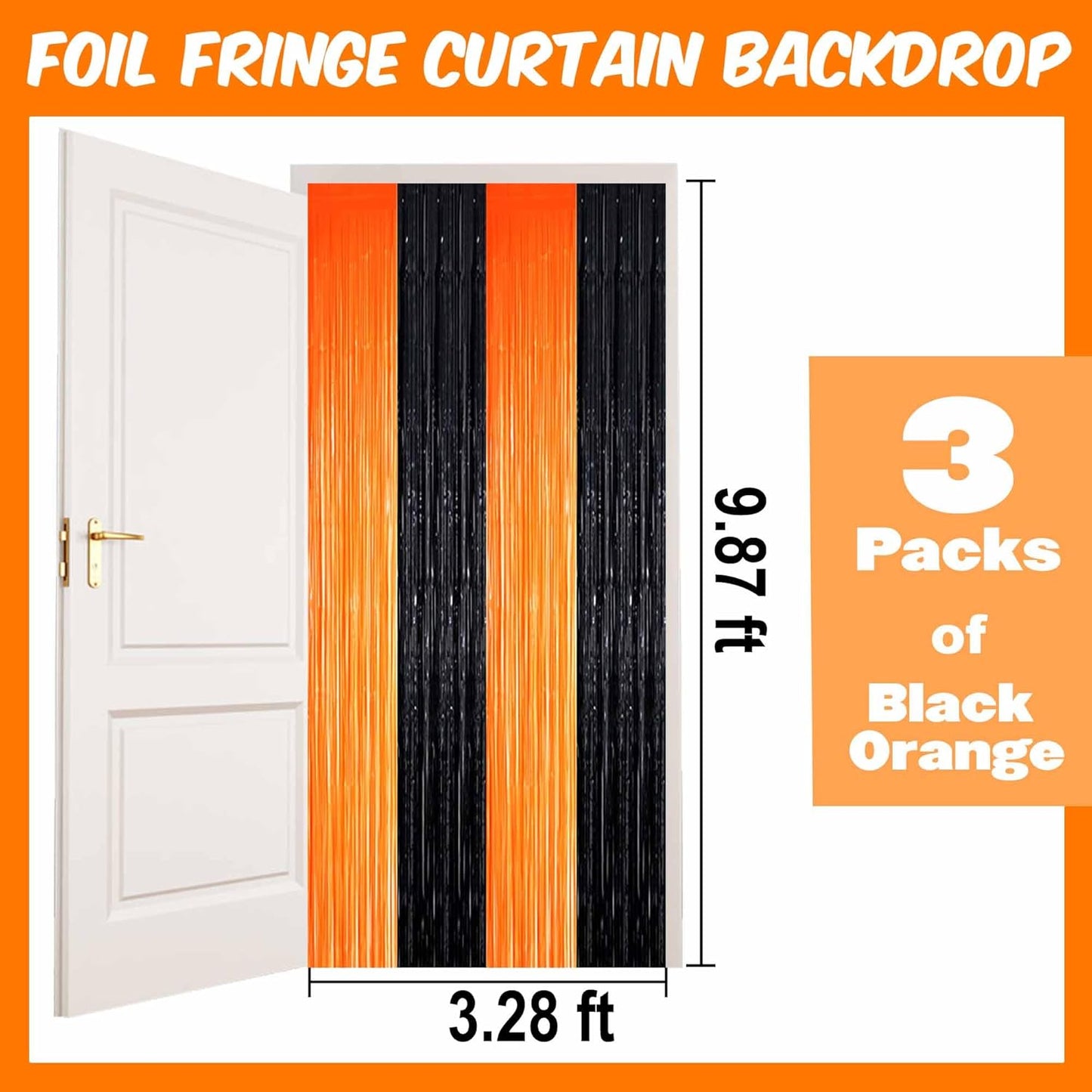 3 Pack Black Orange Foil Fringe Curtains Backdrop, 3.28 x 9.8 Ft Metallic Streamers Tinsel Curtains Background for Photo Booth, Birthday, Halloween, Christmas, Thanksgiving, New Year Party Decorations
