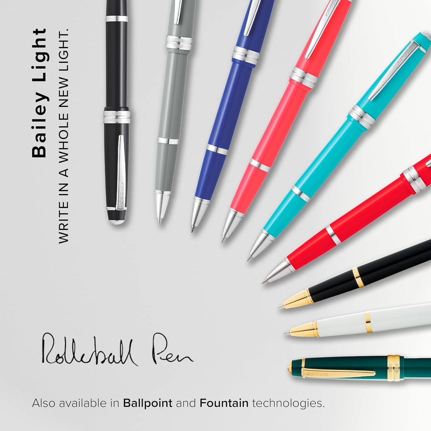 Cross Bailey Light Refillable Rollerball Pen Presented in a Everyday Gift Box - Medium Point, Black Ink, Glossy Black