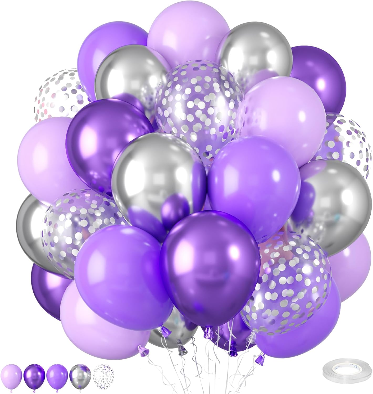 Purple and Silver Balloons, 12 Inch Purple Ballons,Silver Confetti Balloon Pastel Purple Metallic Balloon,for Wedding Birthday Baby Shower Graduation Party Decorations Supplies