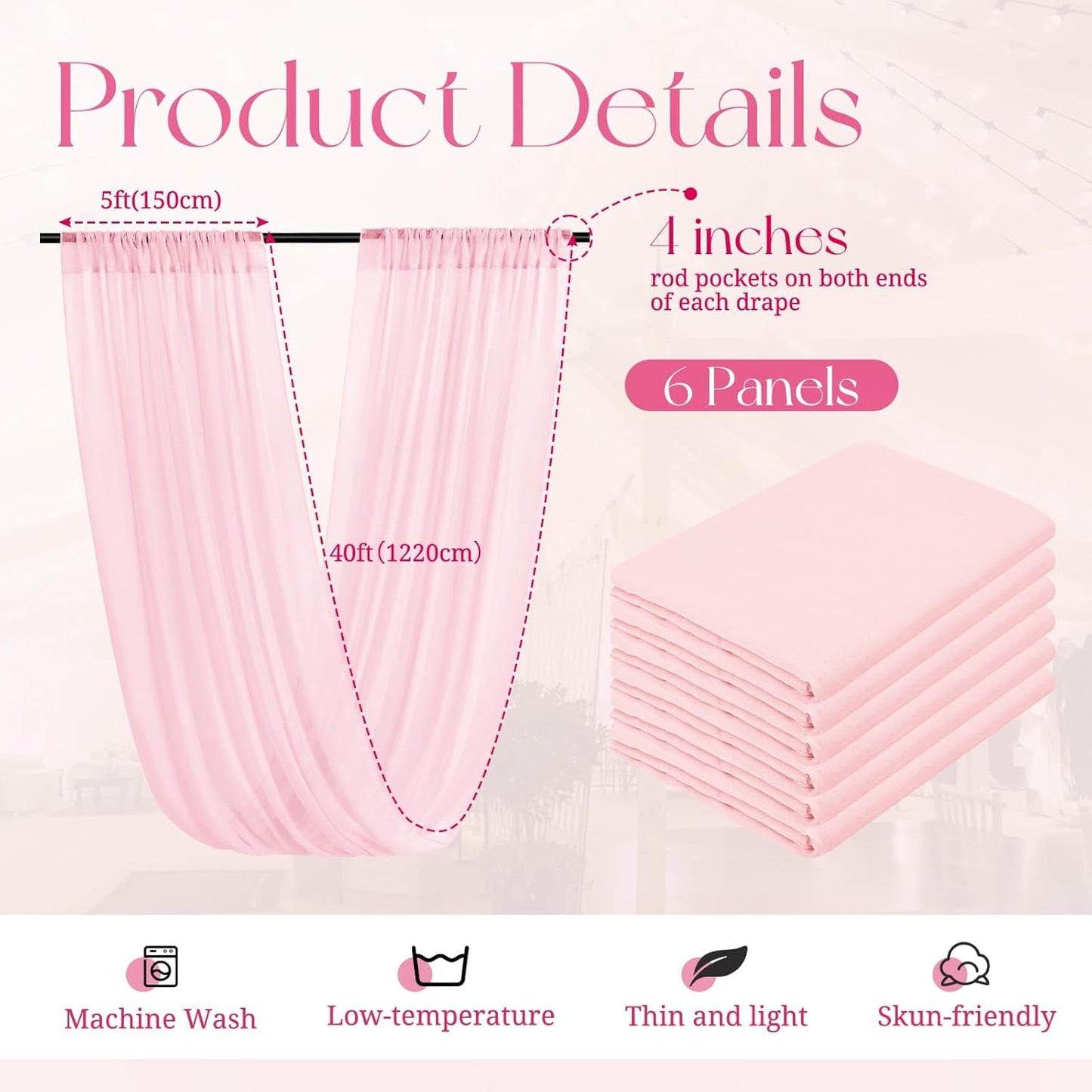 6 Panels Pink Ceiling Drapes for Wedding, 5ftx40ft Ceiling Drapes Cheesecloth Sheer Fabric Curtain Wedding Arch Draping Fabric Romantic Ceilings Decorations for Weddings Party Ceremony Stage