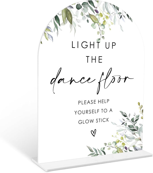 Greenery Glow Stick Sign, 6 x 8 Inch White Arch Acrylic Wedding Sign with Holder, Wedding Sign for Ceremony and Reception, Wedding Decoration, Wedding Supplies - LY22