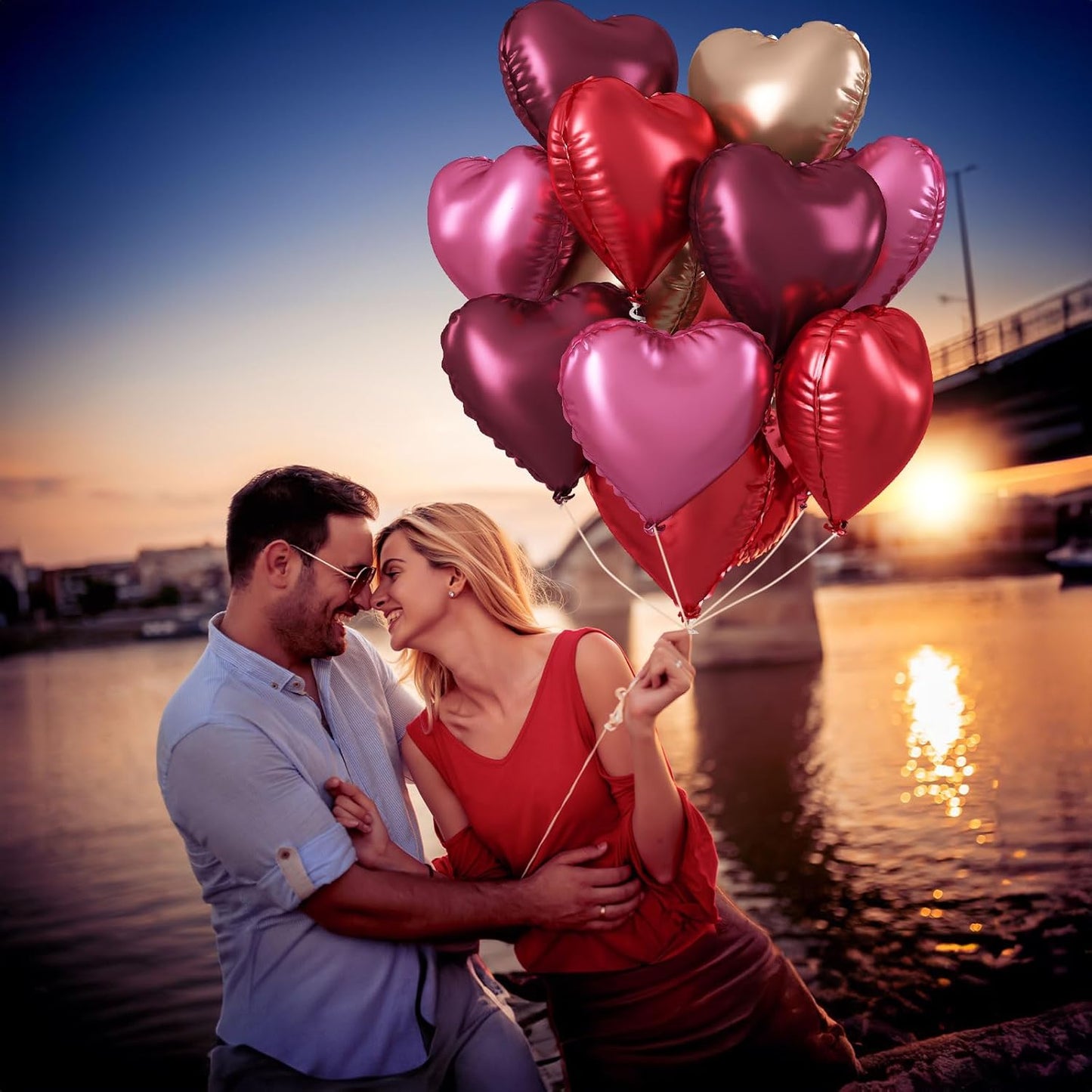 Wine Red Heart Balloons, 18 Inch 12 Pcs Burgundy Red and Pink Foil Heart Balloons Red and Rose Gold Heart Shape Mylar Balloons Party Decoration for Birthday Wedding Valentines Anniversary