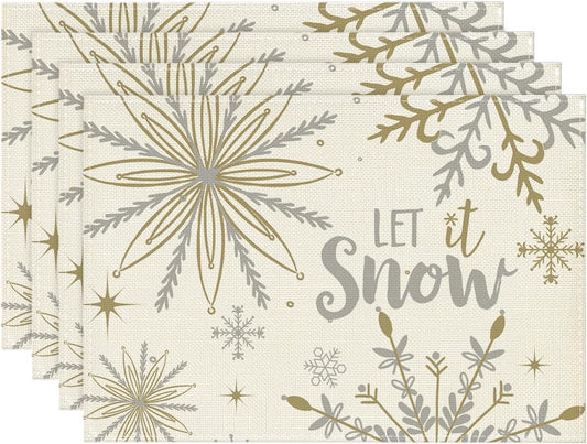 Artoid Mode Beige Snowflake Let It Snow Winter Placemats Set of 4, 12x18 Inch Seasonal Christmas Table Mats for Party Kitchen Dining Decoration