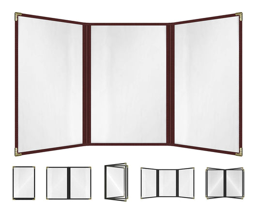 Goodsmart Restaurant Menu Covers – 25 Pack Burgundy 6-View Trifold 8.5" x 14", Side-Loading Vinyl & Plastic Menu Holders, Clear Menu Sleeves, Leather-Style Café Covers with Gold Corners