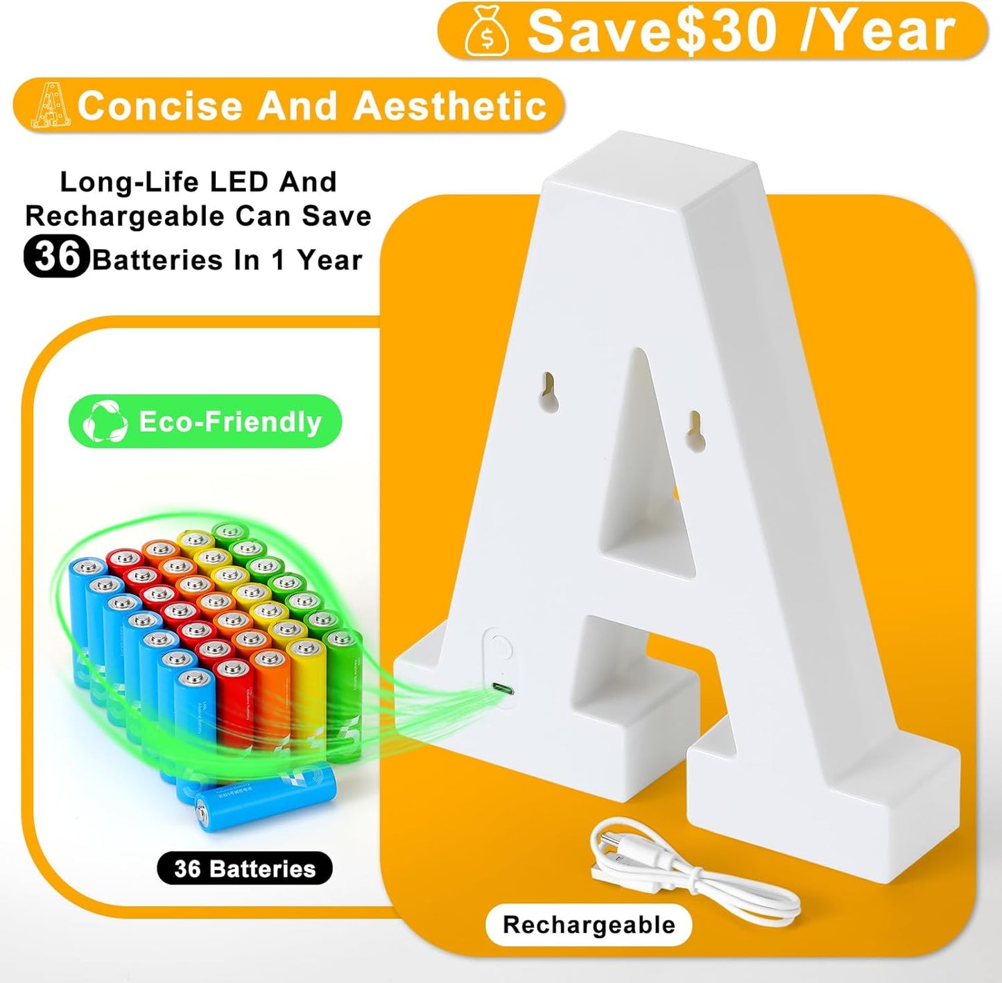 Foaky Rechargeable LED Letter Lights Sign Marquee Light Up Letters Sign for Night Light Wedding/Birthday Party Christmas Lamp Home Bar Decoration (A)