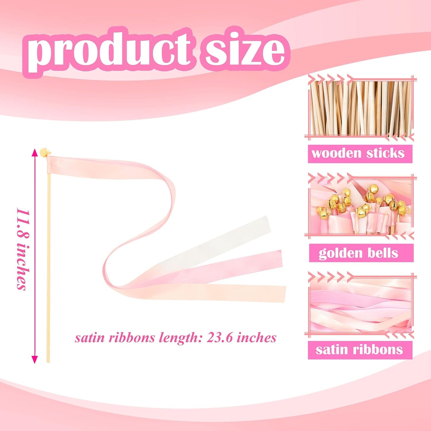 60 Pieces Wedding Colorful Ribbon with Bells, Party Ribbons Streamers Sticks Magic Wish Fairy Wand for Wedding Party Holiday Activities Favors (Pink-100)