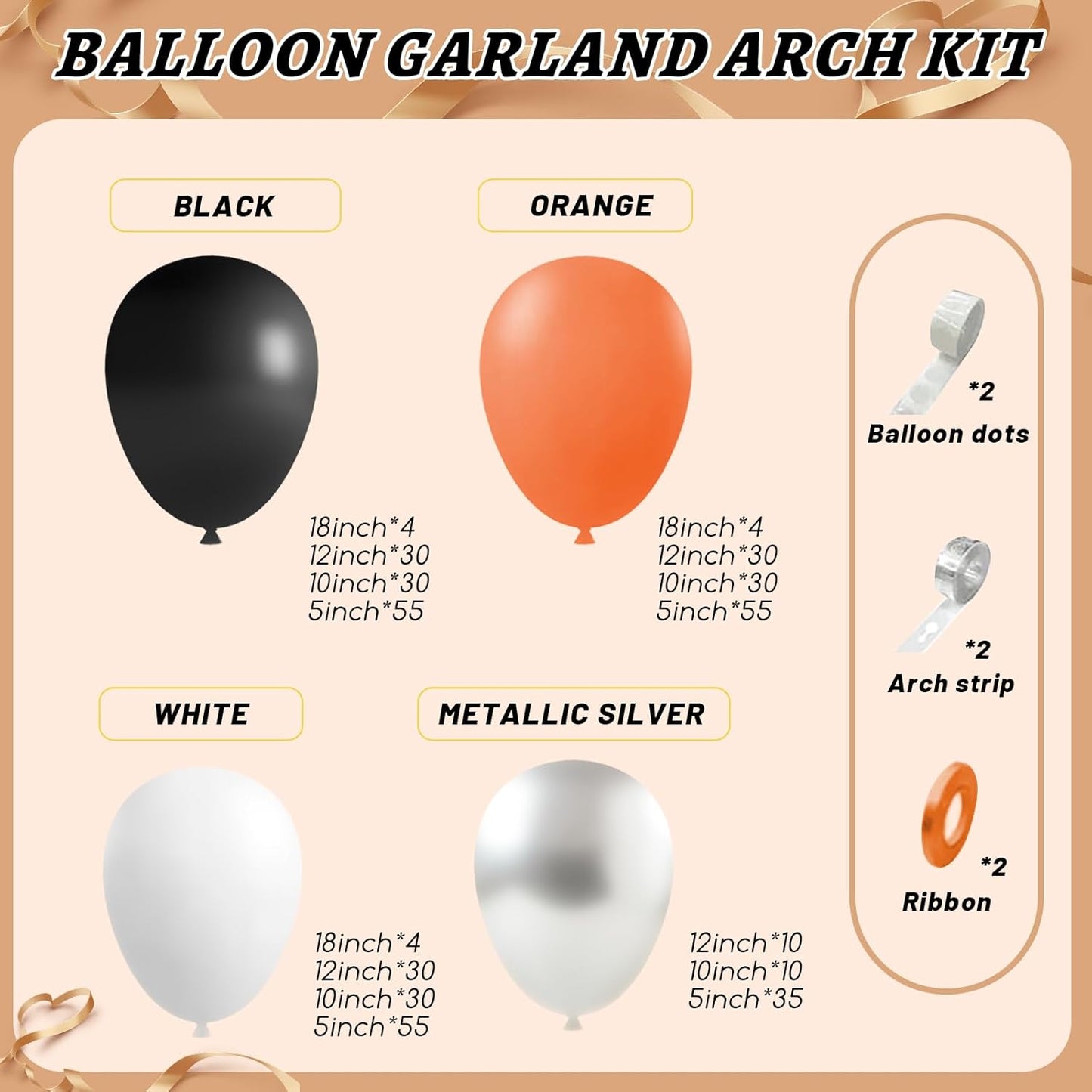 412Pcs Orange and Black Balloon Arch Kit, 18 12 10 5 Inch Different Size Orange Black White Metallic Silver Balloon for Birthday Graduation Halloween Celebration Trick or Treat Party Party Decoration