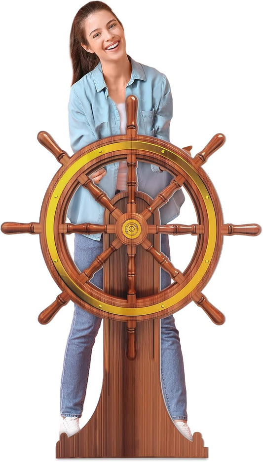 4 Feet Pirate Nautical Party Decorations Halloween Ship Wheel Cardboard Cutout Stand up Large Captain Wheel Photo Props Back Drops for Halloween Pirate Nautical Party Outdoor Home Decor