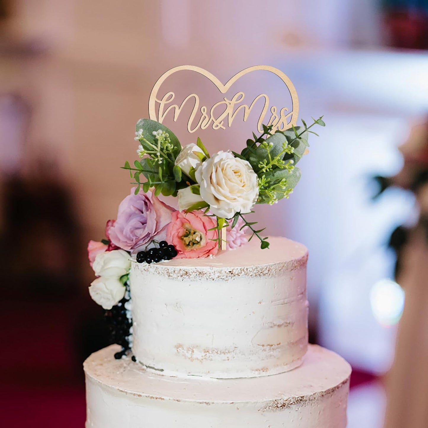 Mr & Mrs Wedding Cake Topper in Wood Heart Cake Topper with Flowers and Leaves