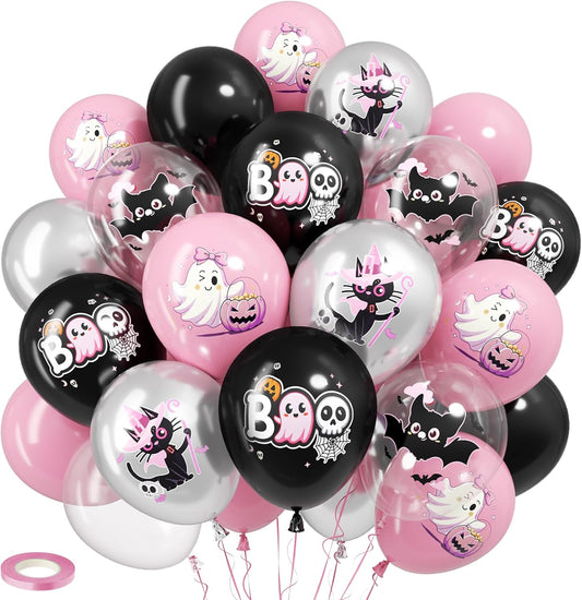 Halloween Party Balloons Decorations,12 Inch Pink and Black Balloons Set Pink Silver Print Balloon Cute Balloon for Halloween Themed Party Supplies