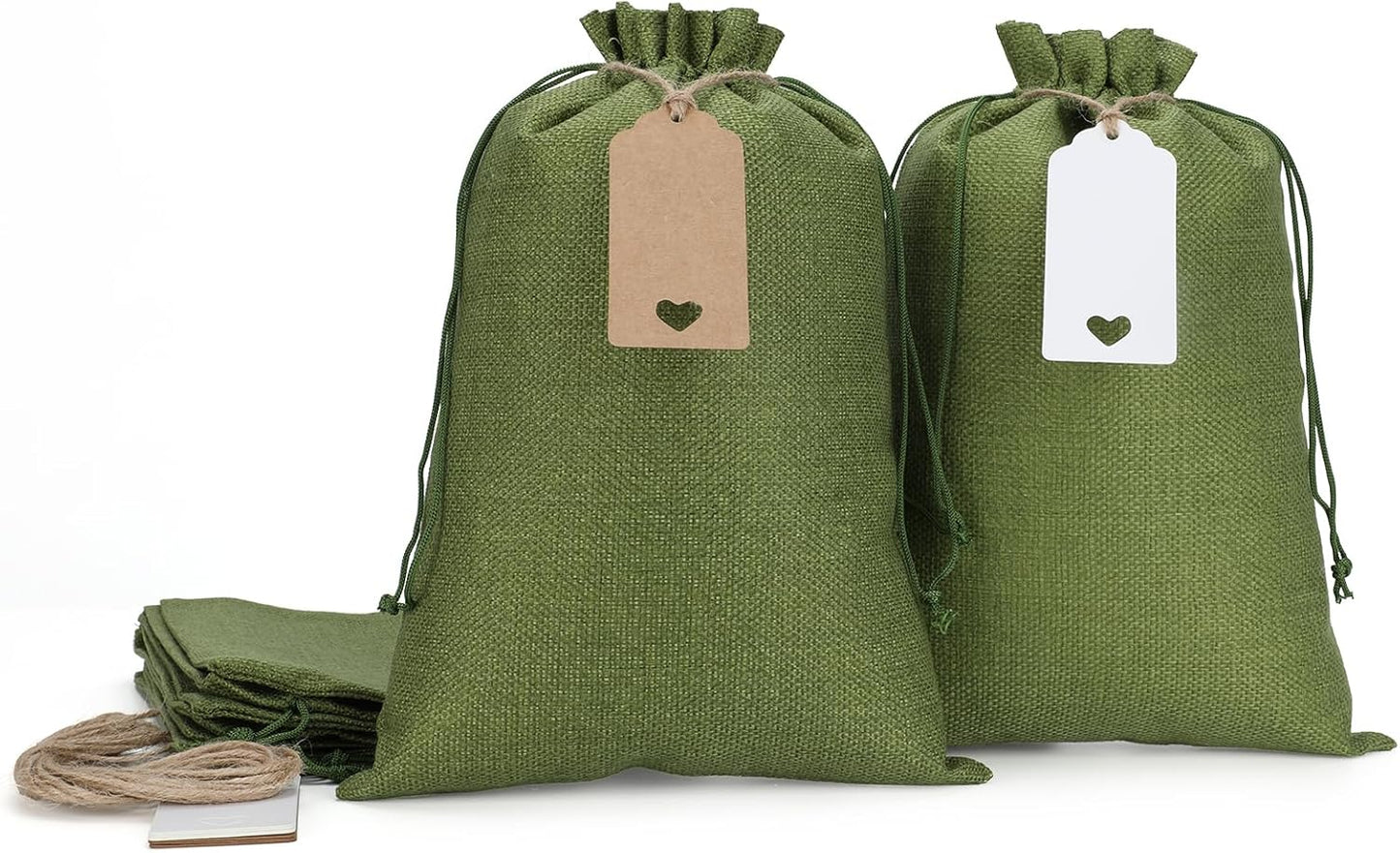 Tapleap Burlap Bags with Drawstring - 10Pcs 8x12 Green Gift Sacks for Wrapping Halloween Favors, Clothes, Hand Sanitizer, Mason Jars, For Birthday, Wedding, Party or Household Use