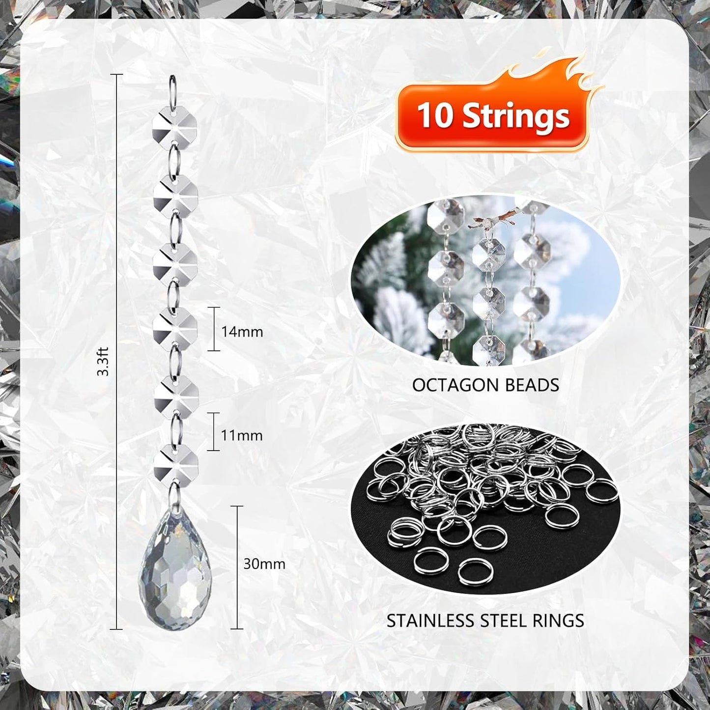 10 PCS Crystal Garland Strands, 33ft Hanging Crystal Strings for Window Curtains Doorway Decorations, Acrylic Clear Water Drop Crystal Ornaments for Christmas Tree, Wedding Party Home Chandelier Decor