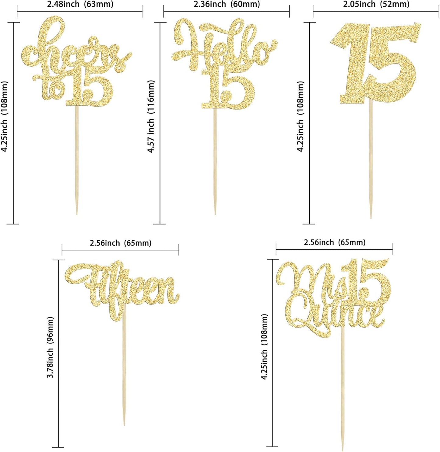 30Pcs 15th Birthday Cupcake Toppers Fifteen Cupcake Picks Cheers to 15 Years Old Mis Quince 15 Cake Decorations for 15th Birthday Anniversary Party Gold Glitter