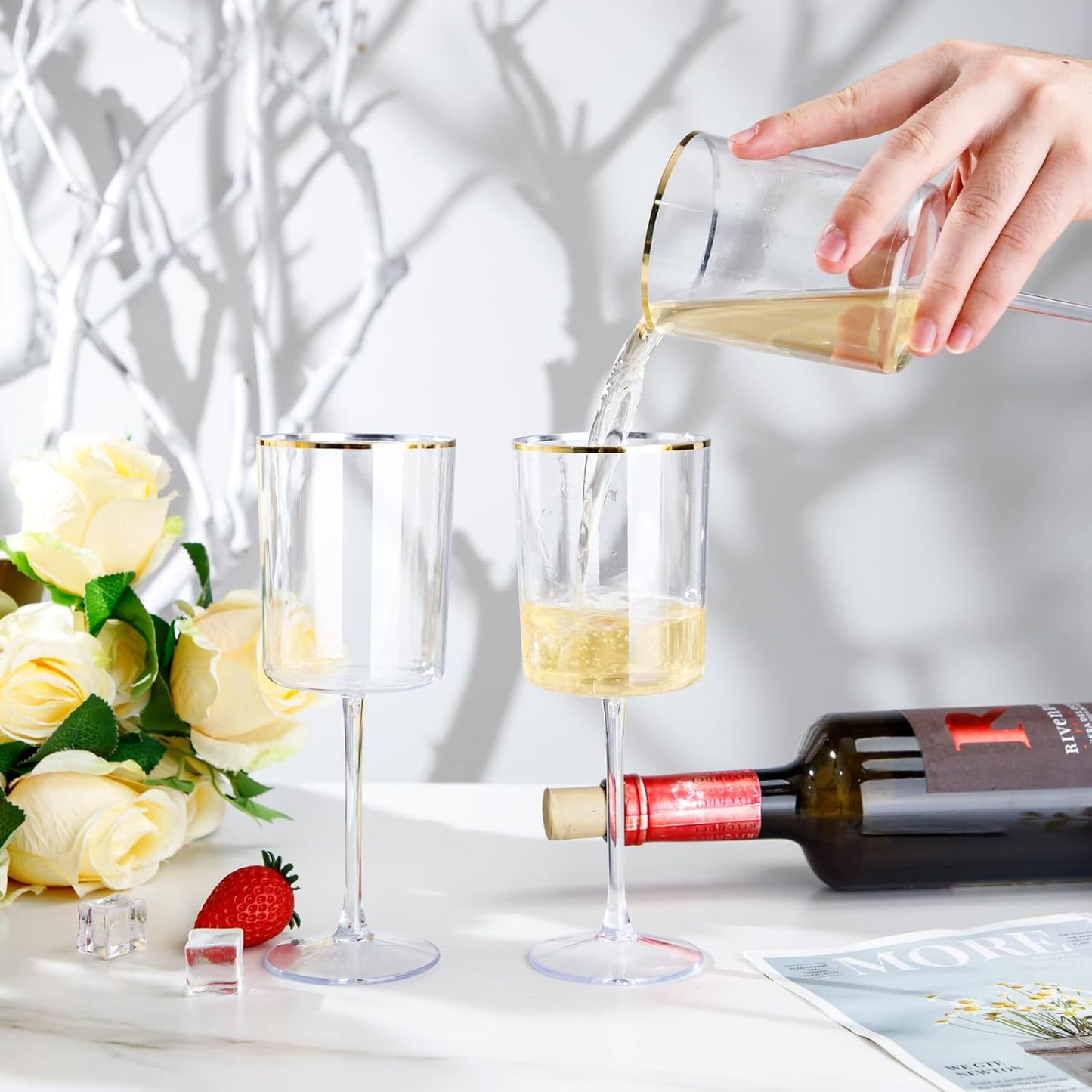 Ciaell 12 Pack Plastic Wine Glasses - 10 Oz Plastic Wine Glasses with Stem - Gold Rim Disposable Cups for Parties & Weddings & Poolside & Toasting & Outdoors & Thanksgiving