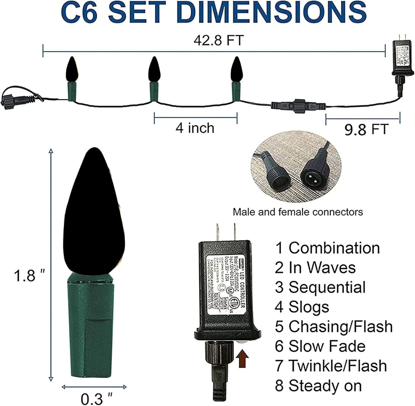 Dazzle Bright C6 Christmas String Lights, 100 LED 33 FT Waterproof Connectable Green Wire Fairy Lights, 8 Modes Christmas Lights for Indoor Outdoor Home Garden Yard Xmas Tree Decorations (Red)