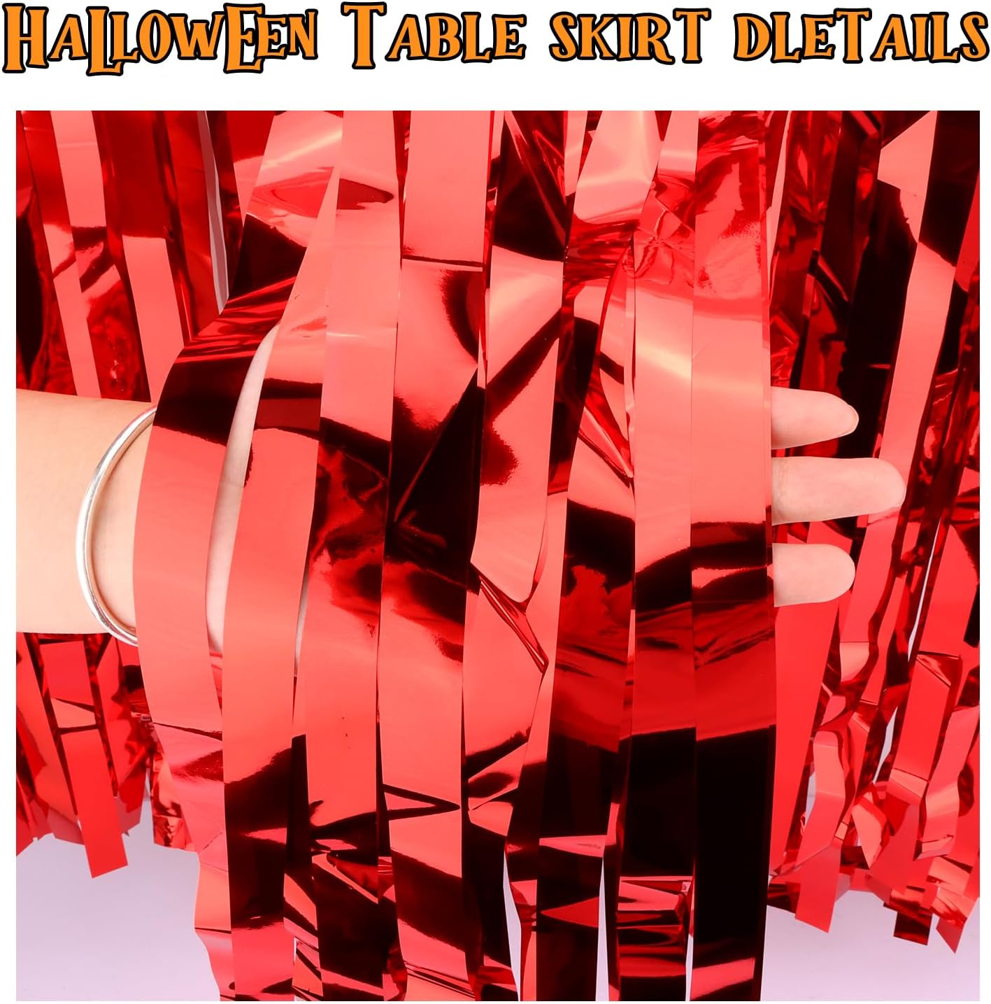 28x106 Inch Red Sequin Tablecloth for Halloween Decorations, Metallic Tinsel Foil Fringe Table Skirt, Rectangle or Round Tables Decor, Table Cover, Spider Decorations for Halloween Party