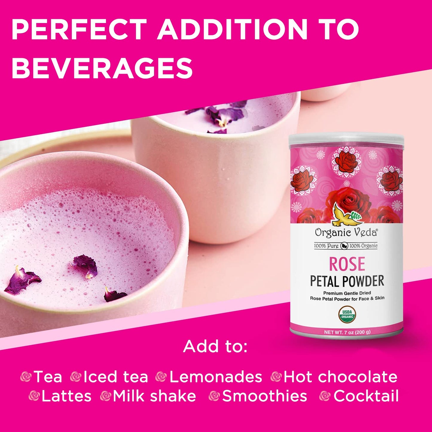 Organic Veda Edible Rose Petal Powder - Organic Rose Petal Powder for Cooking, Herbal Tea, Smoothies, Toppings - Natural Rose Petal Powder for DIY Face Masks, Skin & Hair Care - Vegan, No Gluten - 7oz