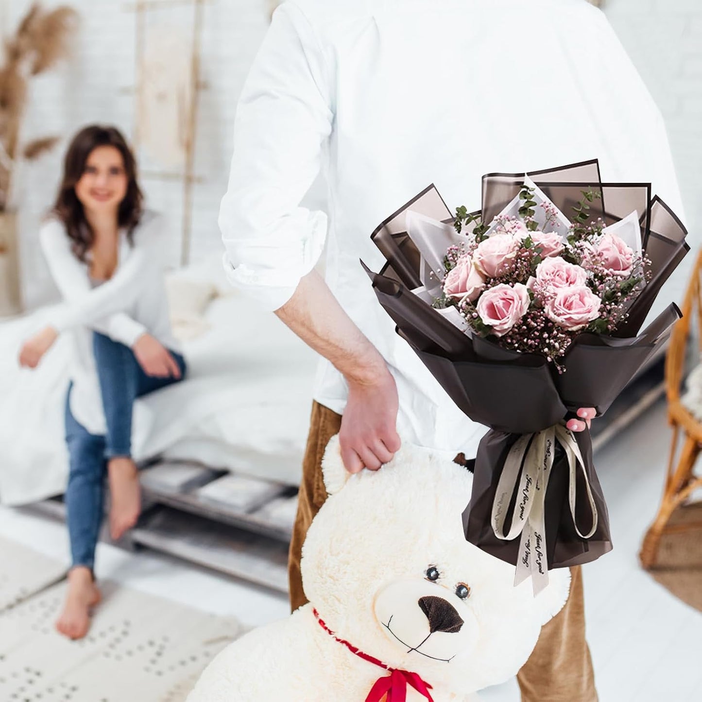 NESCCI 20 Sheet Flower Wrapping Paper - Waterproof Floral Bouquet Wrapping Paper, Florist Supplies Packaging Paper for Wedding Birthday Gift DIY (Translucent Black)