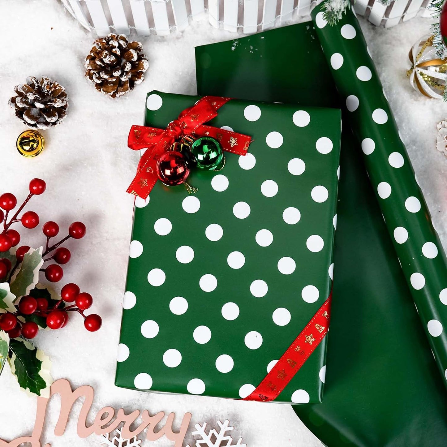 Burymento Green and White Dots Wrapping Paper, Reversible Pink Gift Wrap for Birthday, Valentines, Mothers day, Graduation, Wedding, Fathers day, Baby Shower, Christmas (17in x 32.8ft)