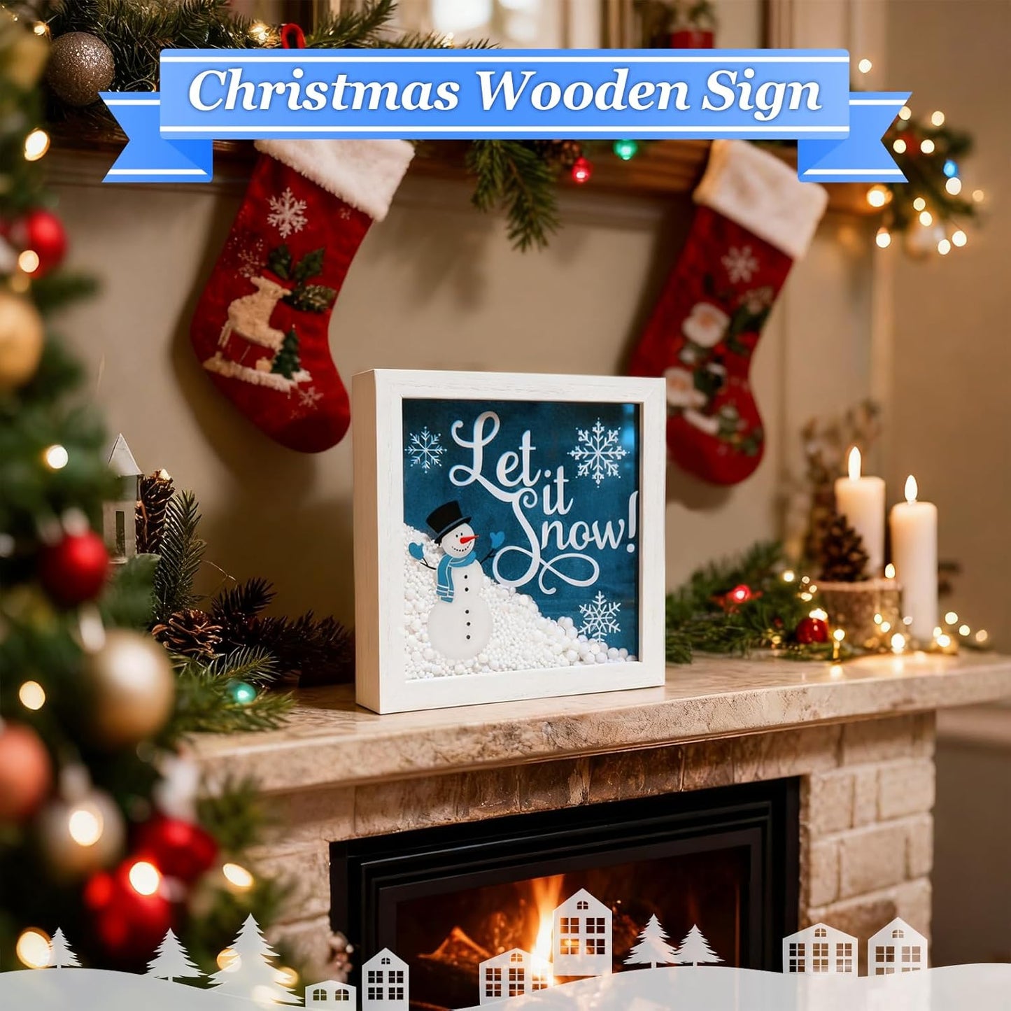 Christmas Wooden Tabletop Sign Blue Snowman with Snowflake Block Sign Xmas Table Centerpiece for Winter Holiday Party Home Shelf Fireplace Mantle Decoration