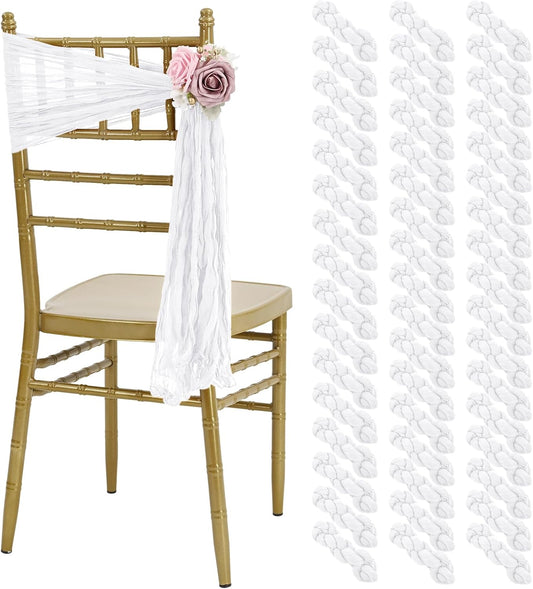 50 PCS Cheesecloth Chair Sashes, Bows Designed ChairSashes, 15.7x70 inch Chair Sashes for Aisle Decorations Universal Chairs Cover Decoration for Wedding Reception Party Banquet (White)