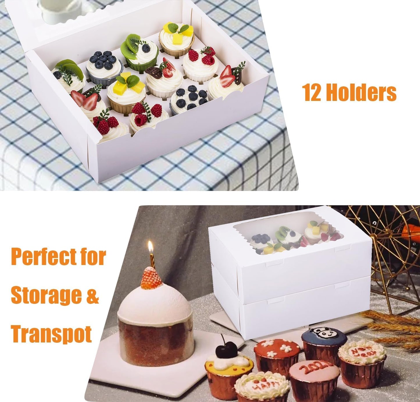 15-Set Cupcake Boxes Hold 12 Standard Cupcakes, Food Grade Cupcake Holders Bakery Carrier Boxes with Windows and Inserts for Cupcakes, Muffins and Pastries (White-15 Pack)