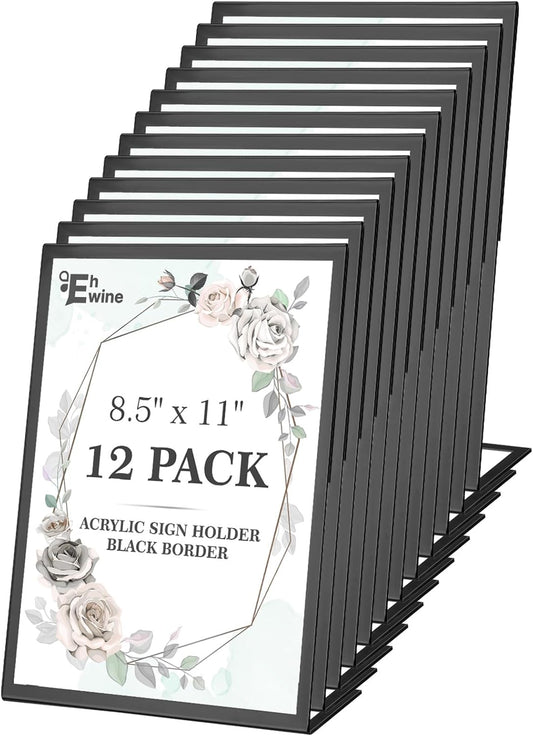EHWINE 12 Pack Acrylic Sign Holder 8.5 x 11, Black Picture Frame Stand up Table Top Sign Holders, Slanted Back Paper Holder Clear Display Stand Menu Flyer Holder for Wedding Party