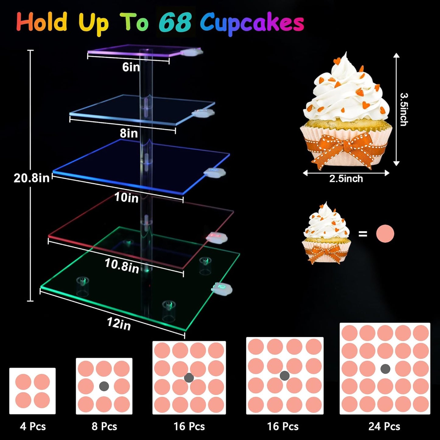 Cupcake Stand with Rechargeable Led, 5 Tier Clear Cupcake Holder, 7 Colors Light Cupcake Tower, Acrylic Dessert Table Display Set for Weddings, Christmas, Birthday, Parties, Baby Showers