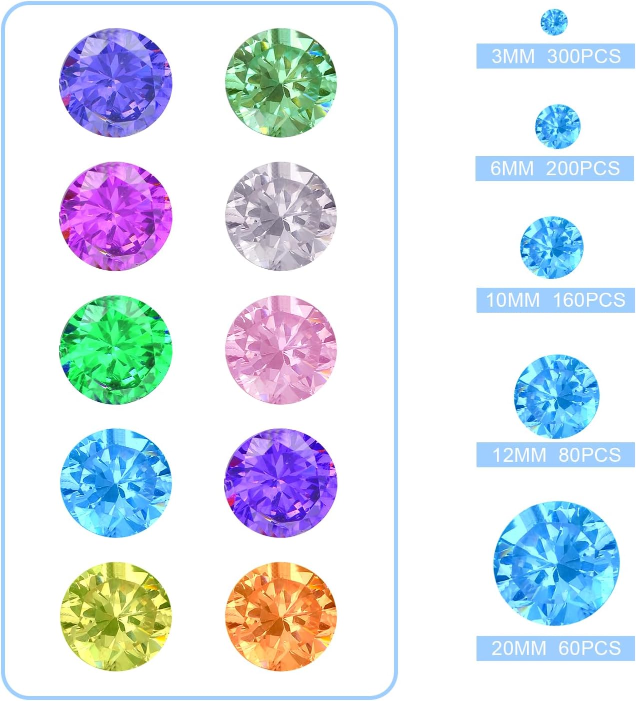 Hicarer 800 Pieces Diamond Decorations Acrylic Diamond Table Scatter Crystals for Table for Vase Fillers Party Decorations(20, 12, 10, 6, 3mm,Rainbow Color)