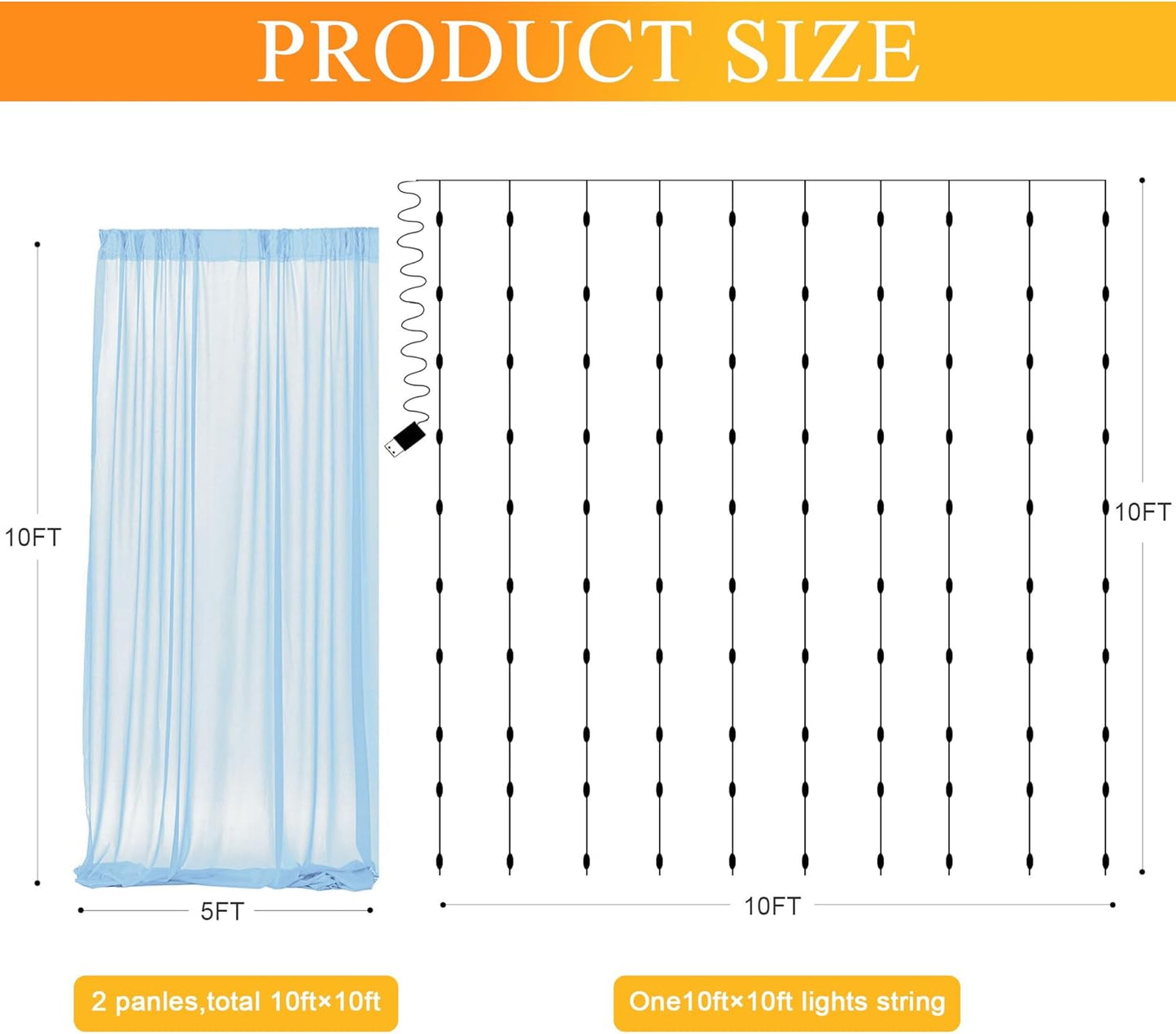Fomcet Tulle Backdrop Curtains with Lights String Baby Blue 10FT X 10FT Sheer Curtains with Lights Tulle Curtain Backdrop for Wedding Birthday Party Photo Shoot (2 Panels 5x10FT)
