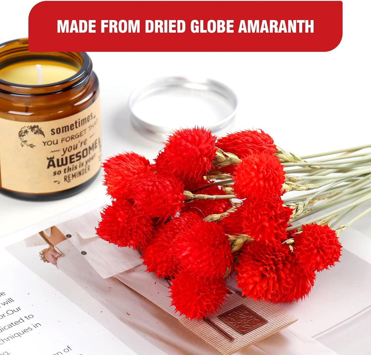 Dried Globe Amaranth Flower with Wheat Straw 40PCS Bouquet for Vase Home Decor Party DIY Arrangement(Bright Red)