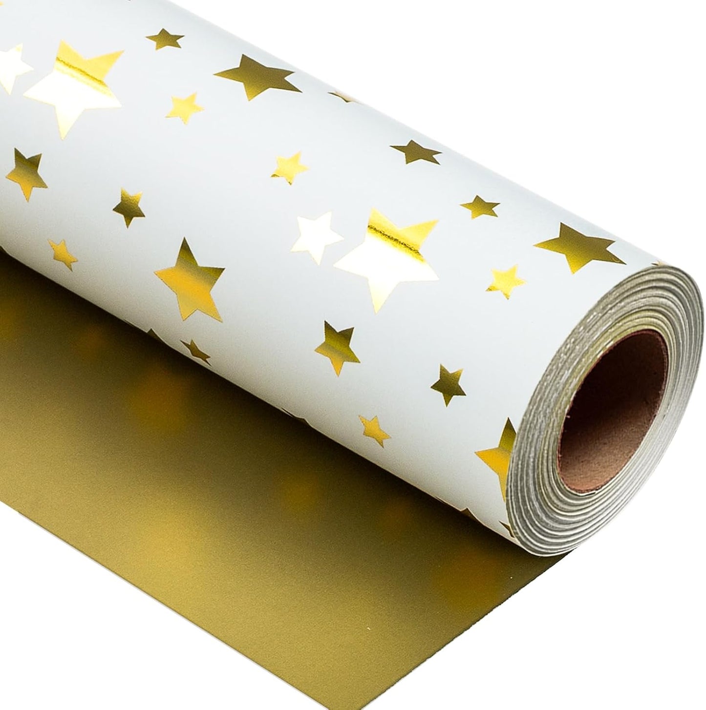 Burymento Gold Foil Five-Pointed Star Wrapping Paper, Reversible Gold Gift Wrap for Birthday, Valentines, Mothers day, Graduation, Wedding, Fathers day, Baby Shower, Christmas (17in x 32.8ft)