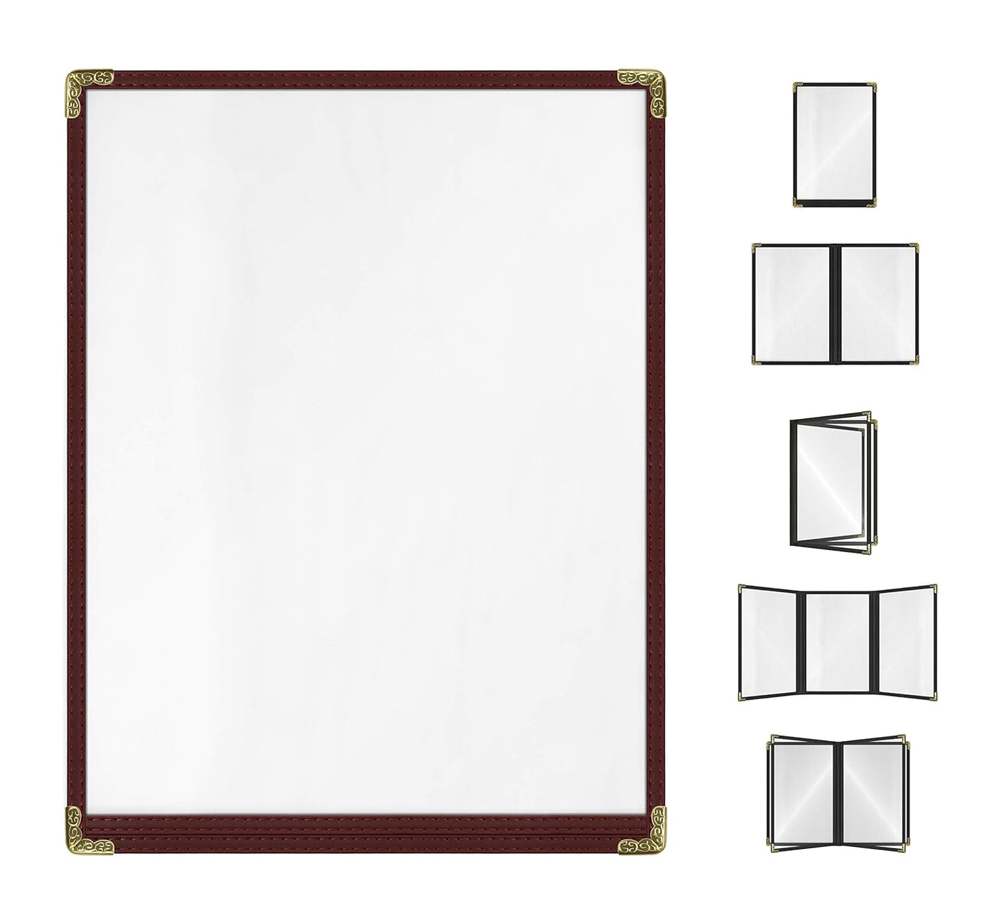 Goodsmart Restaurant Menu Covers – 25 Pack Burgundy 2-View, Top-Loading Menu Holders, Vinyl & Plastic Café Menu Covers, Clear Menu Sleeves, Fits 8.5" x 11", Leather-Style Design, Gold Corners