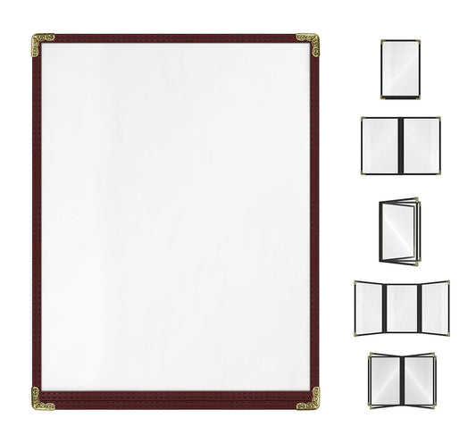 Goodsmart Restaurant Menu Covers – 25 Pack Burgundy 2-View, Top-Loading Menu Holders, Vinyl & Plastic Café Menu Covers, Clear Menu Sleeves, Fits 8.5" x 11", Leather-Style Design, Gold Corners
