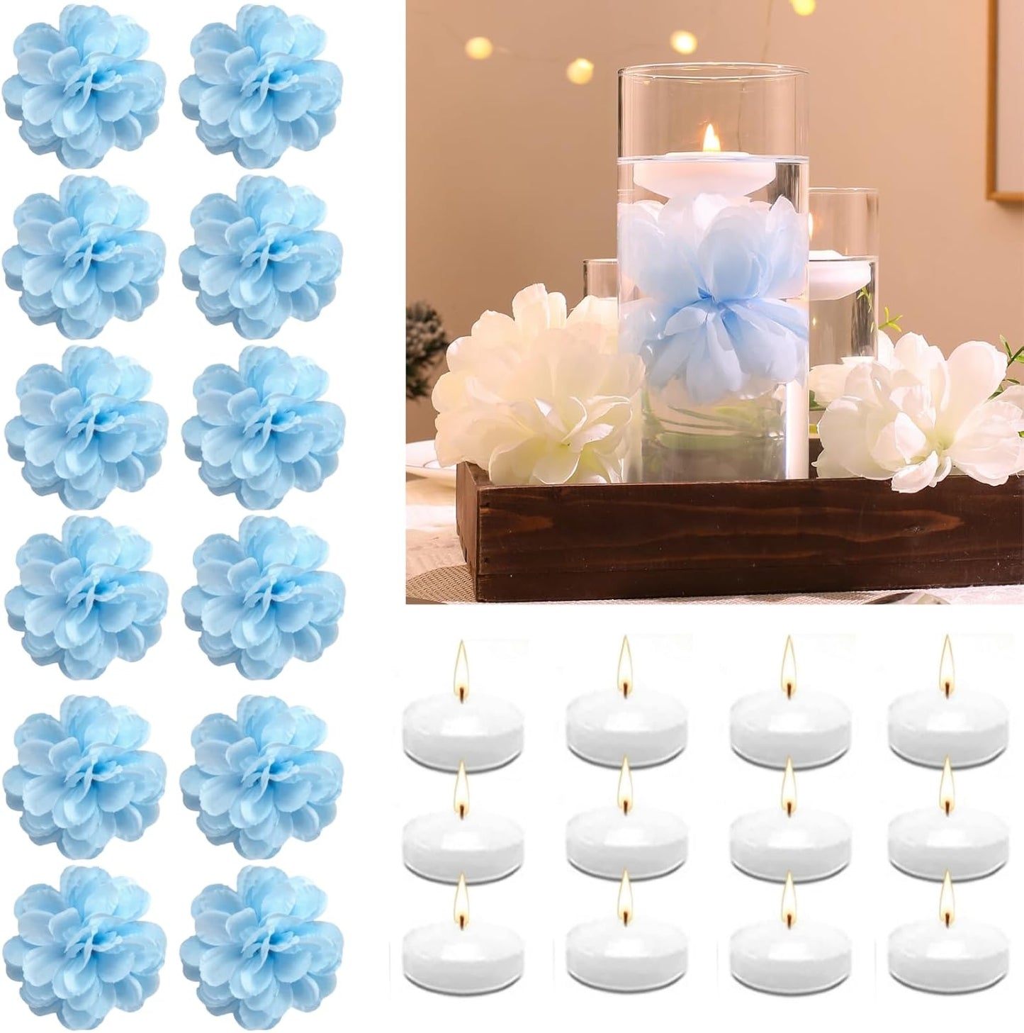 24 Pcs Floating Candles for Centerpieces and Floating Flowers Artificial Flowers Head Vase Filler for Party Home Table Wedding Centerpieces Decoration (Blue)