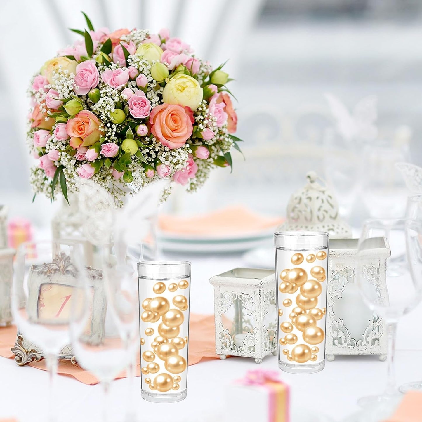 100PCS Light Brown Faux Pearls Beads for Centerpiece Vases, Vase Filler Faux Pearls, No Holes Filler Beads for Party Anniversary Birthday Wedding Table Decor, 14/20/30mm