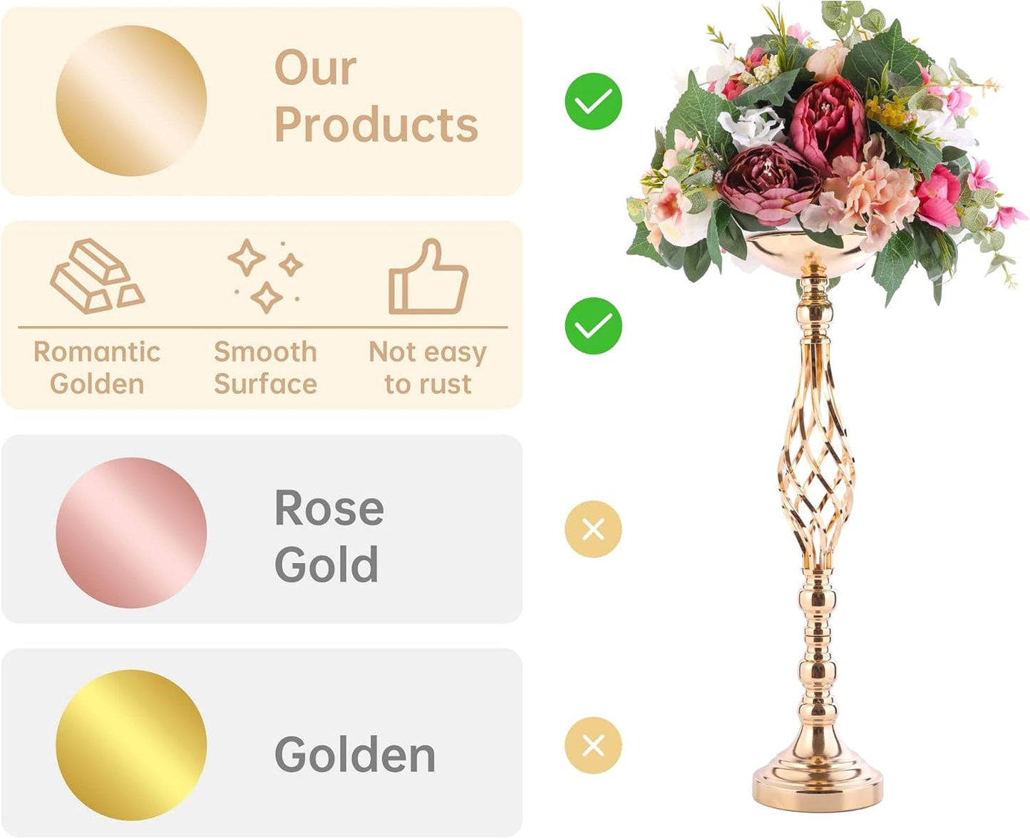 Gold Metal Wedding Centerpieces - Twist Candleholder Stands & Flower Vases for Reception Tables